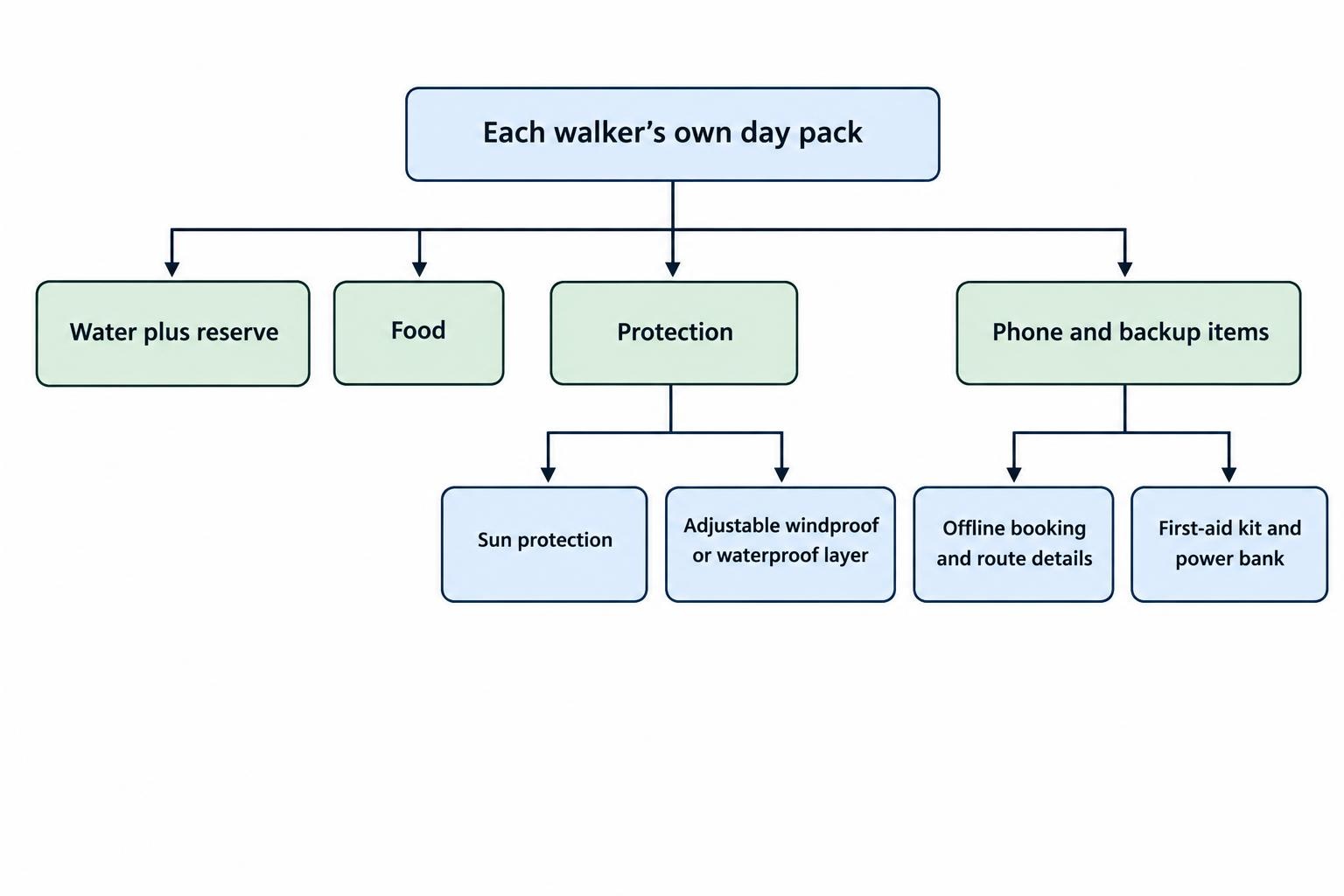A compact checklist grouping water, food, sun and weather protection, and backup items as supplies each walker should carry independently.