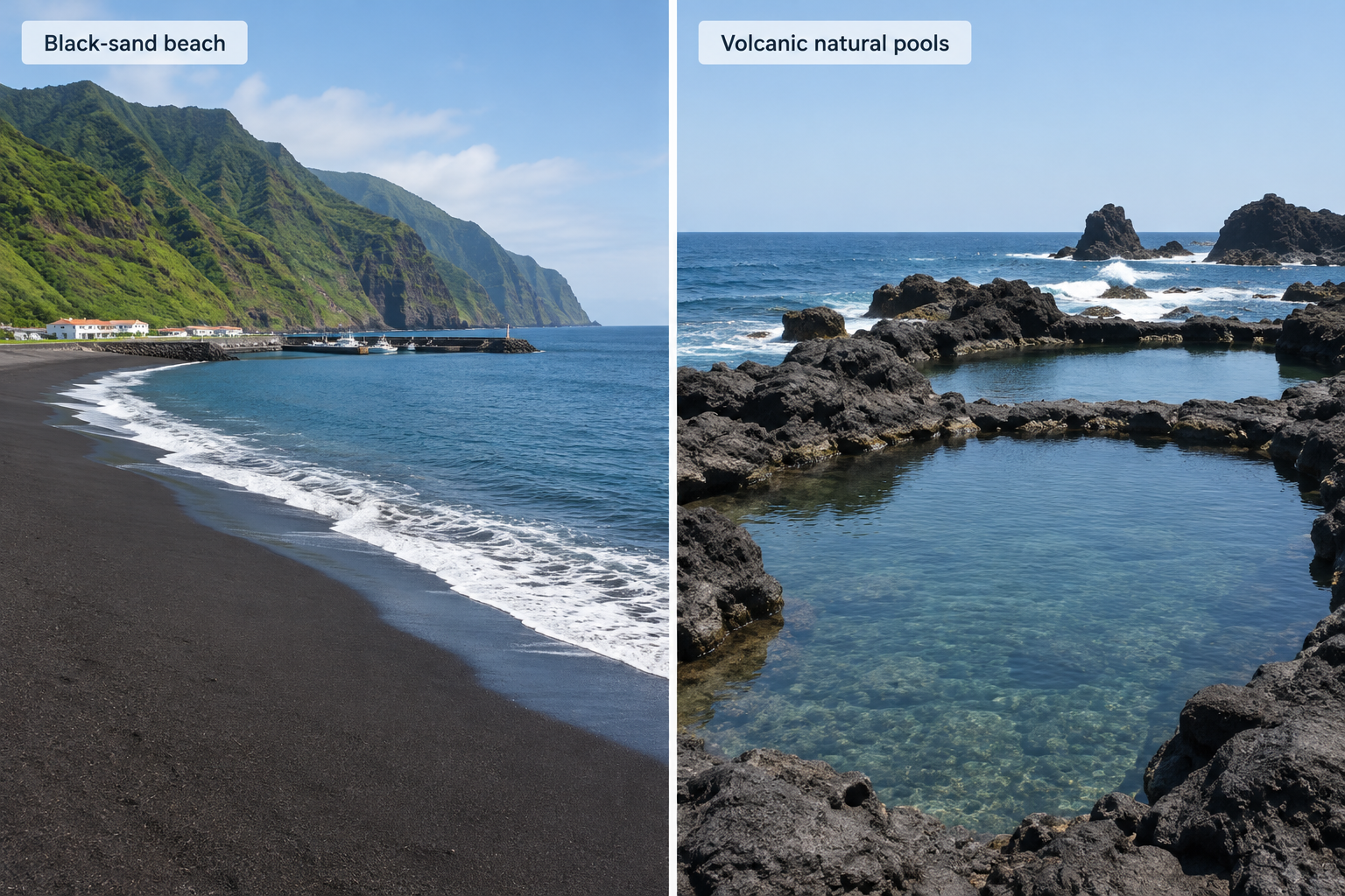 A clear side-by-side visual comparison: a broad black-sand shoreline beside the Atlantic, and separate natural pools formed by volcanic rock.