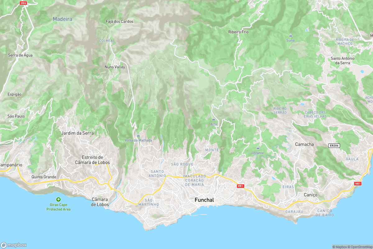 North-up geographic map showing Funchal and the hillside area of Monte above the city, with surrounding streets and terrain.