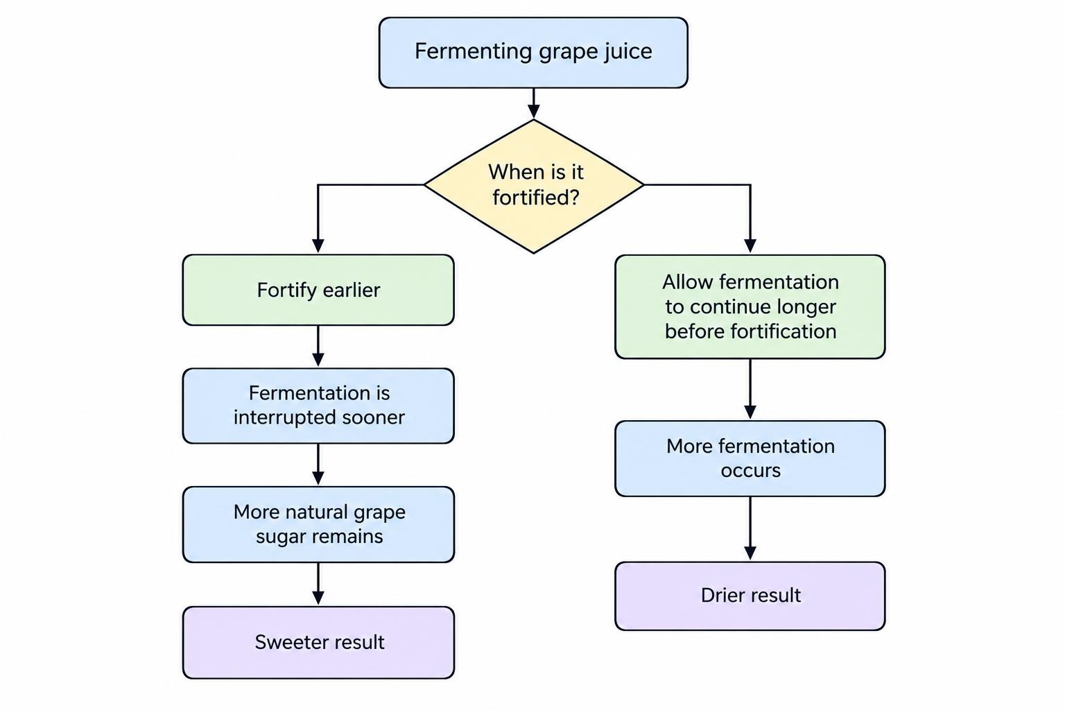 A process diagram shows grape spirit interrupting fermentation: earlier fortification leaves more natural sugar and a sweeter result, while longer fermentation before fortification produces a drier result.