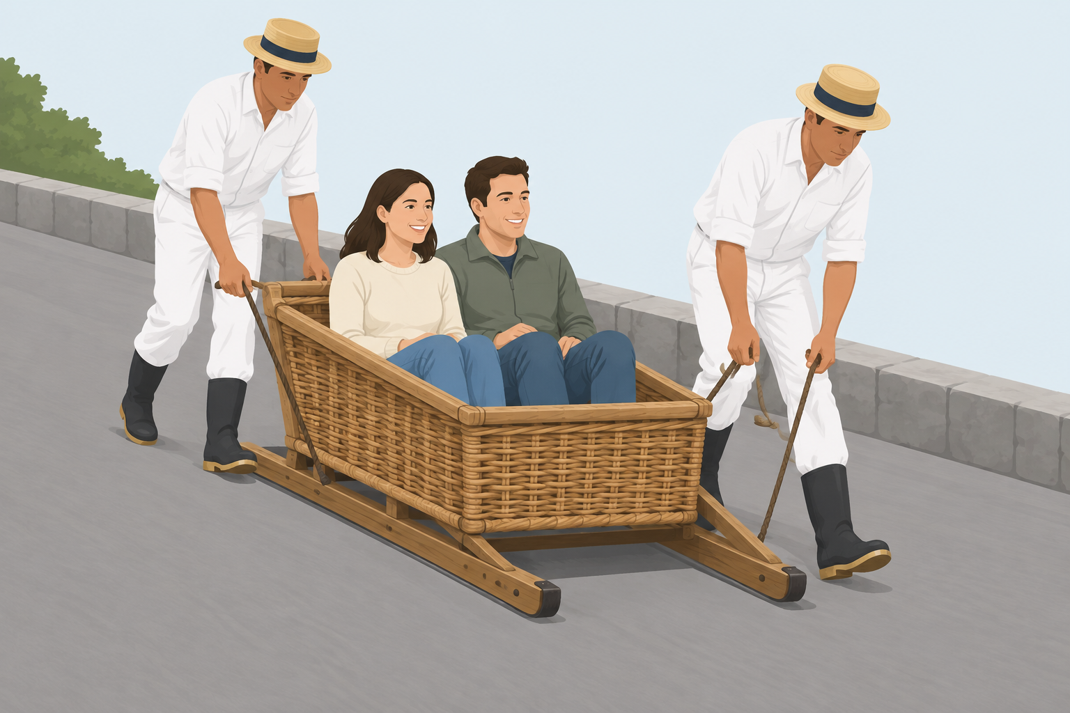 A clear side-view illustration of a wicker basket sledge on wooden runners, carrying passengers while two carreiros guide it downhill using their rubber-soled boots.