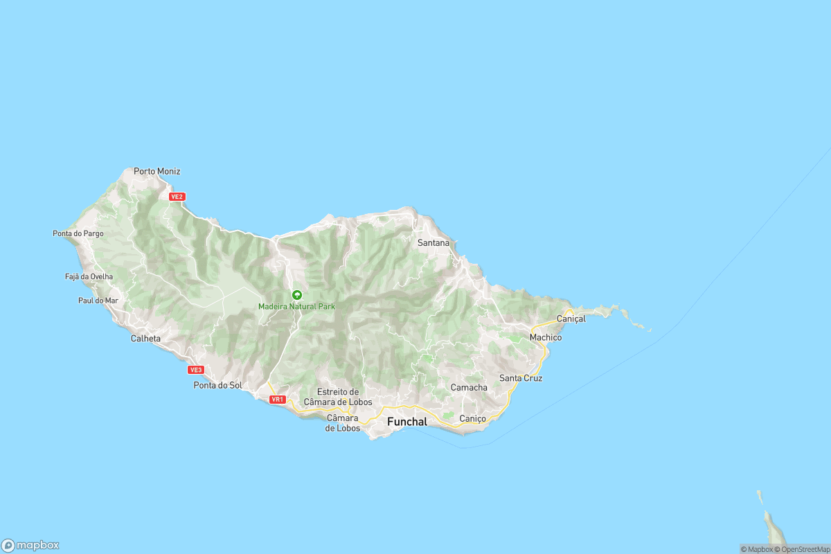 North-up street map overview of Madeira, showing Funchal on the island’s south coast and the island’s towns, roads, and terrain in geographic context.