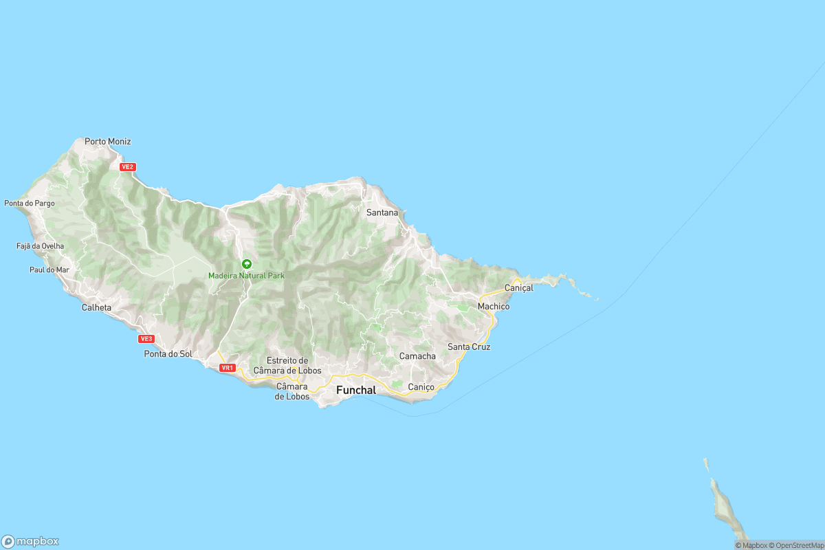 North-up street map showing Madeira in the Atlantic, with Funchal on the island’s south coast and the airport on the eastern side.