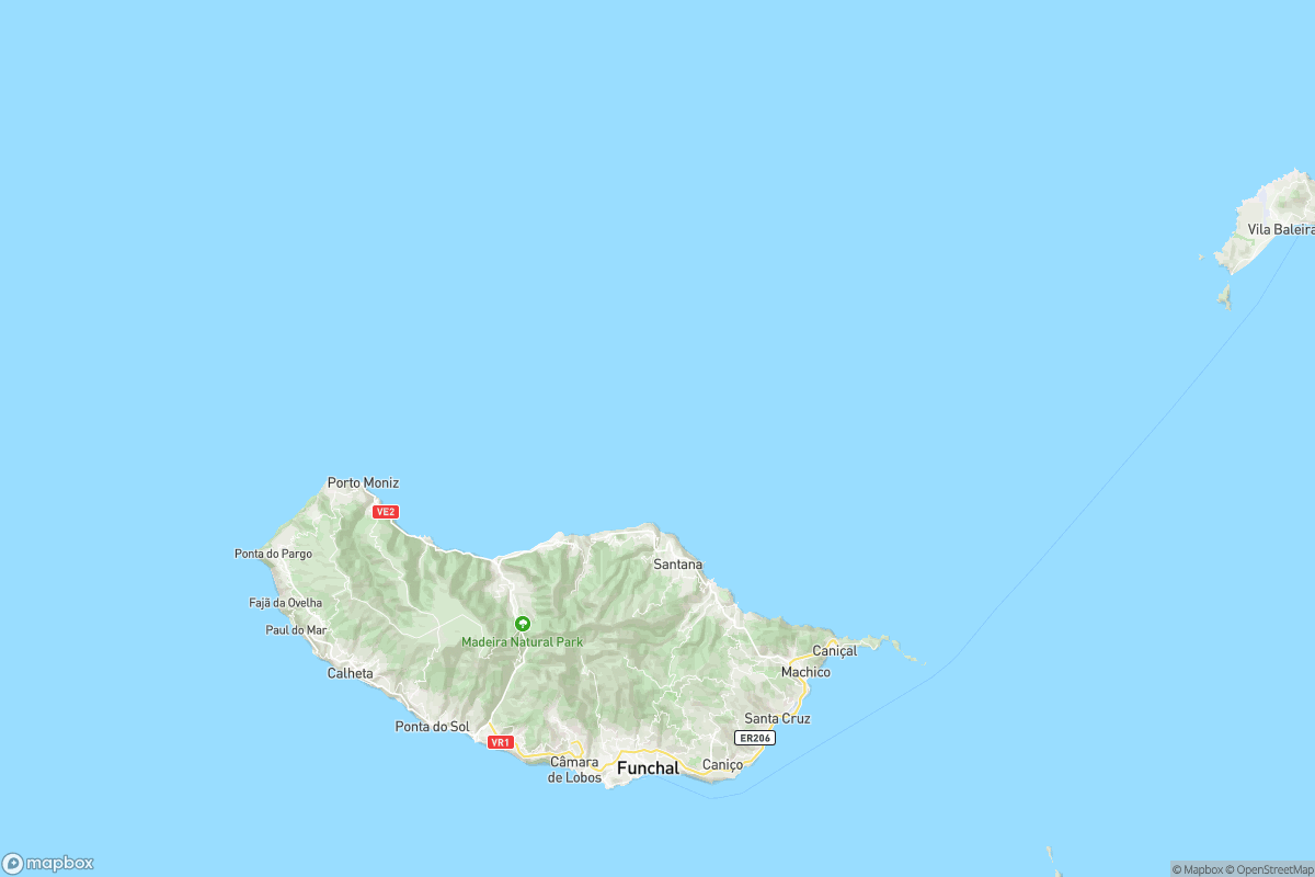 North-up geographic overview of Madeira Island in the Atlantic, showing the island’s coastline, terrain, roads and place labels where available; no custom markers or route highlights.