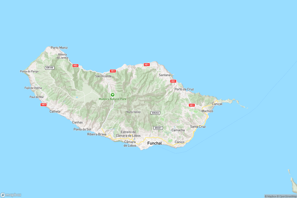 North-up map overview of Madeira in the Atlantic, with the island’s terrain, roads, coastline and place labels visible.