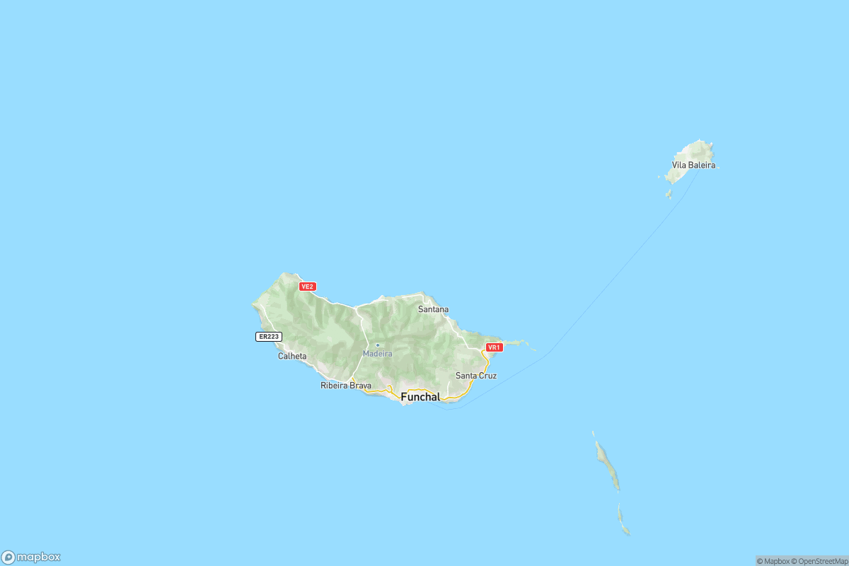 North-up geographic map overview centered on Madeira, with the island and surrounding Atlantic context visible; basemap labels and features depend on map rendering.