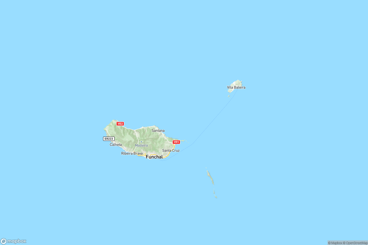North-up map showing Madeira and Porto Santo in the Atlantic Ocean, with their relative positions and surrounding geographic context.