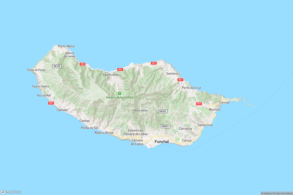 A north-up map of Madeira Island and the surrounding Atlantic, with the island’s existing basemap labels and geographic features; no trail routes or custom markers are shown.