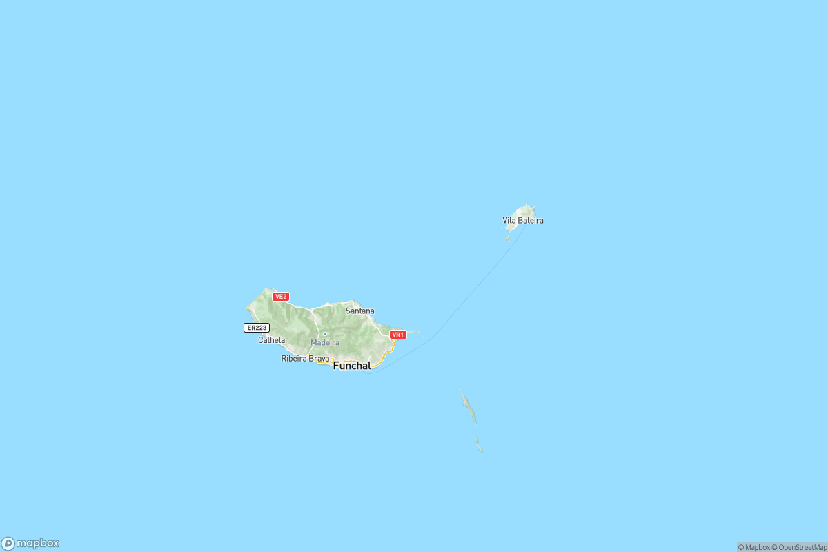 North-up geographic map showing Madeira in the Atlantic Ocean, with surrounding ocean and nearby geographic context.