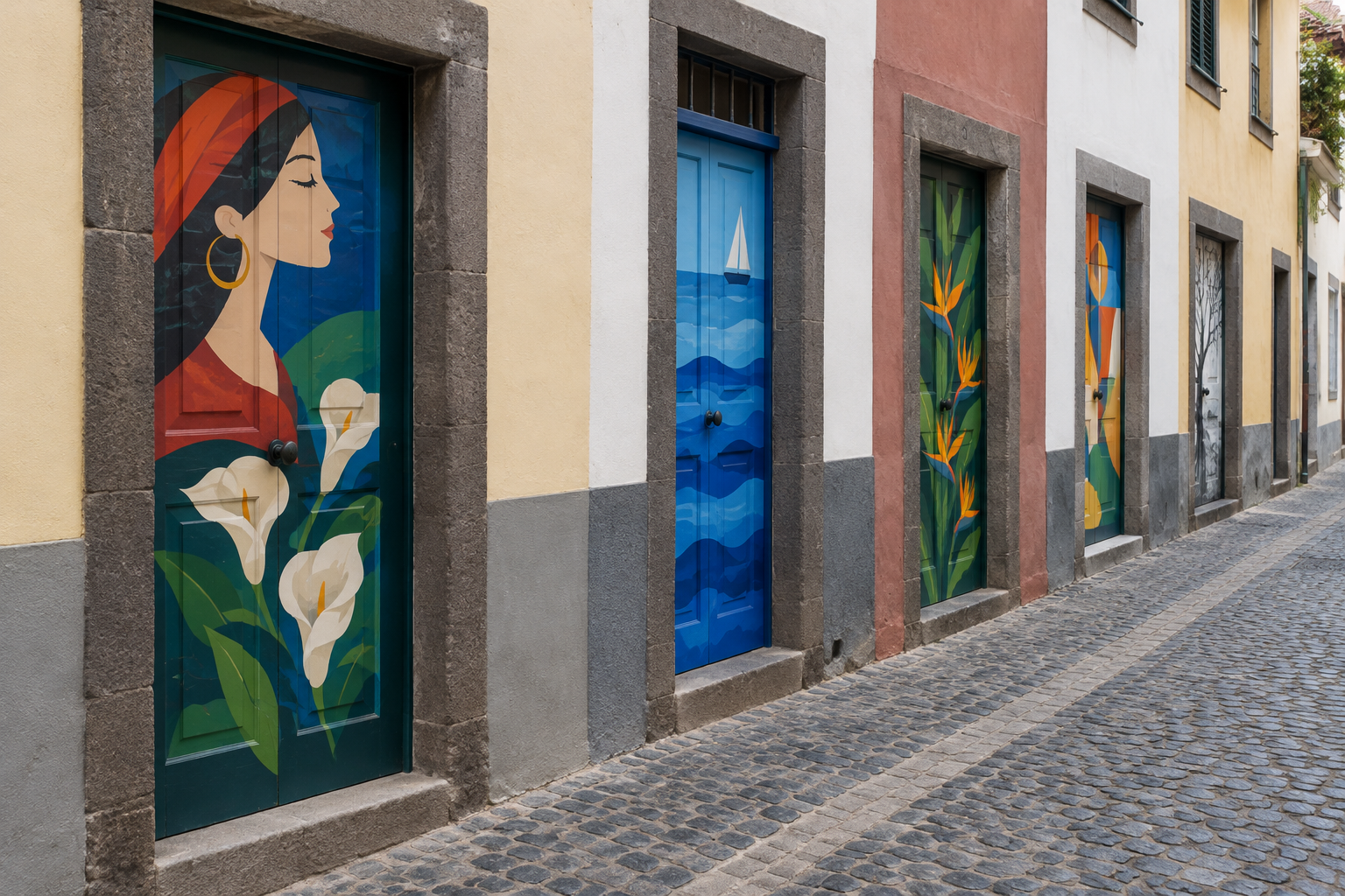 Close street-level view of a painted door set into a narrow, cobbled Old Town street, with other painted entrances visible along the façades.