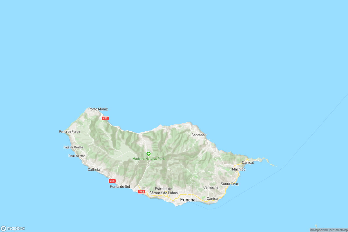 A north-up map of Madeira showing the island’s terrain, roads, and place labels around the central mountain region; it provides geographic context but does not mark hiking routes.