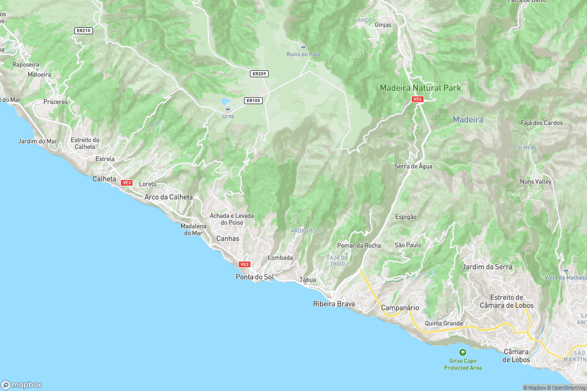 North-up map overview of Madeira’s southwest coast around Ponta do Sol, showing the geographic context of the village and nearby area.