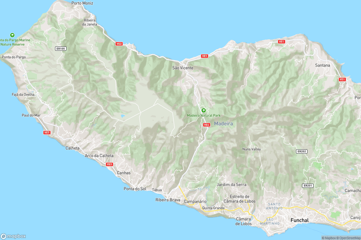 North-up street map of Madeira’s west-central highlands, showing the Rabaçal area in its regional context.