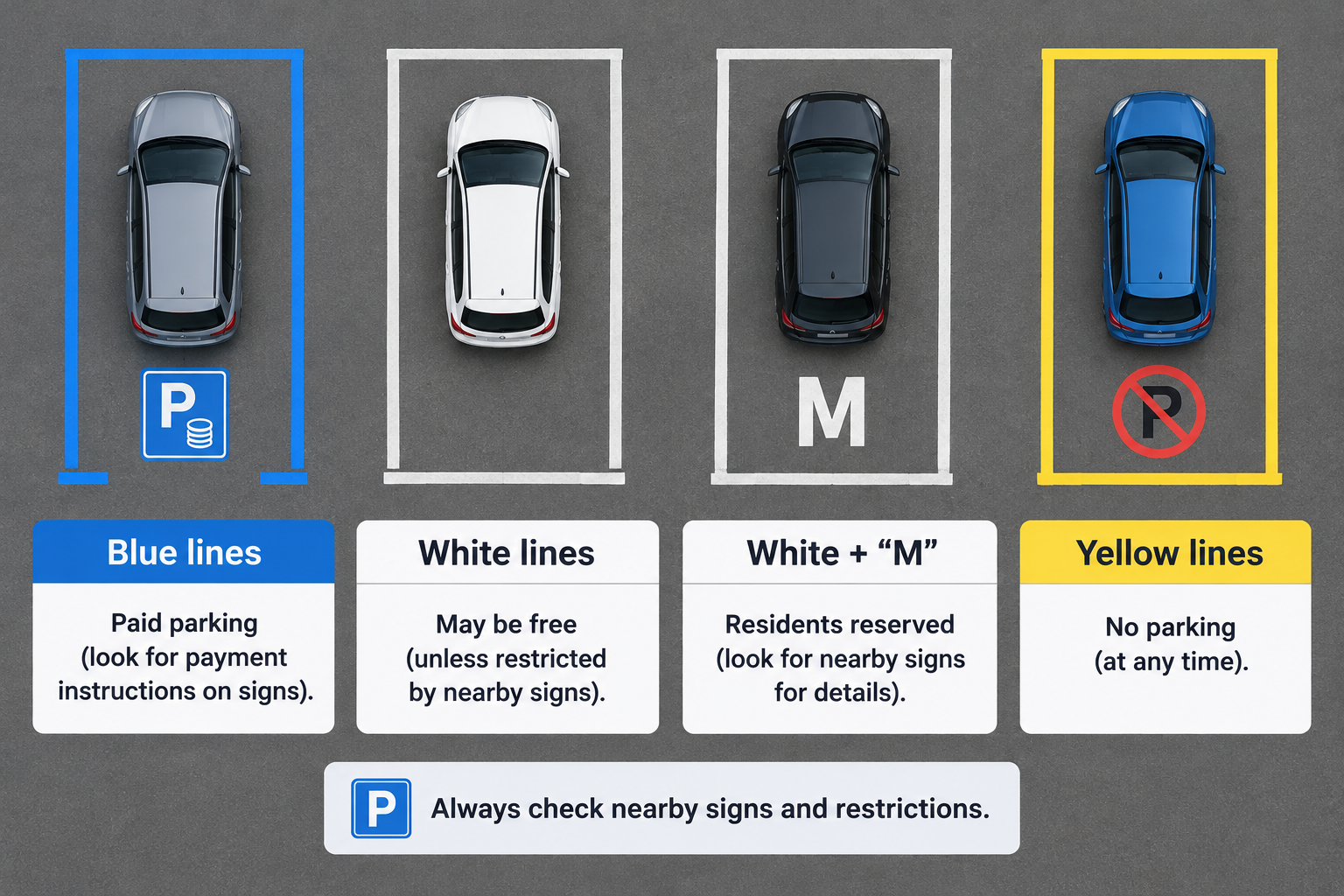 Clean overhead comparison of four parking-bay examples labeled blue lines, white lines, white bay marked M, and yellow lines, with short reminders to check signs and restrictions.