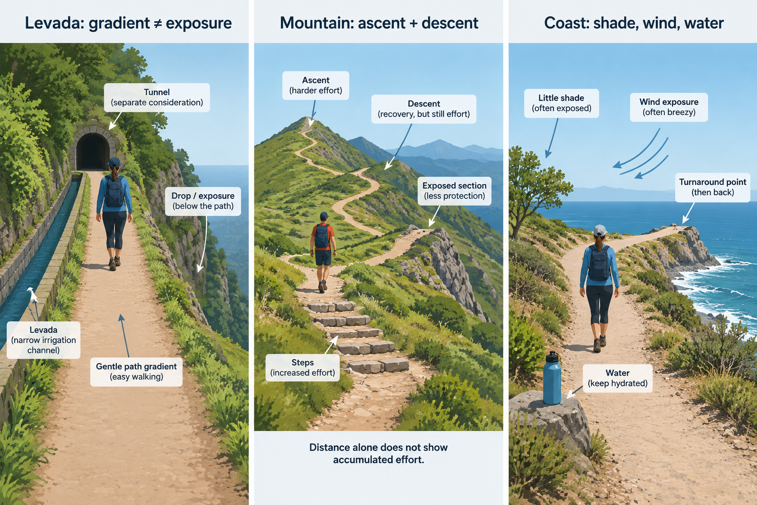 A simple three-panel diagram compares a levada path beside a water channel, a mountain trail with repeated rises and descents, and an exposed coastal path. Each panel highlights different checks: path width, drops and tunnels; ascent, descent and exposure; or shade, wind, water and turnaround options.