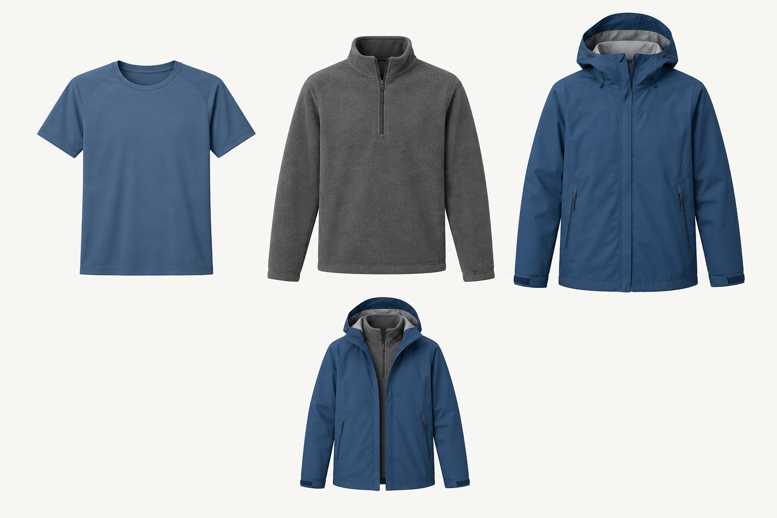 Three clothing layers arranged from base to outerwear: a breathable top, a fleece, and a hooded waterproof jacket, with the jacket shown fitting over the other layers.