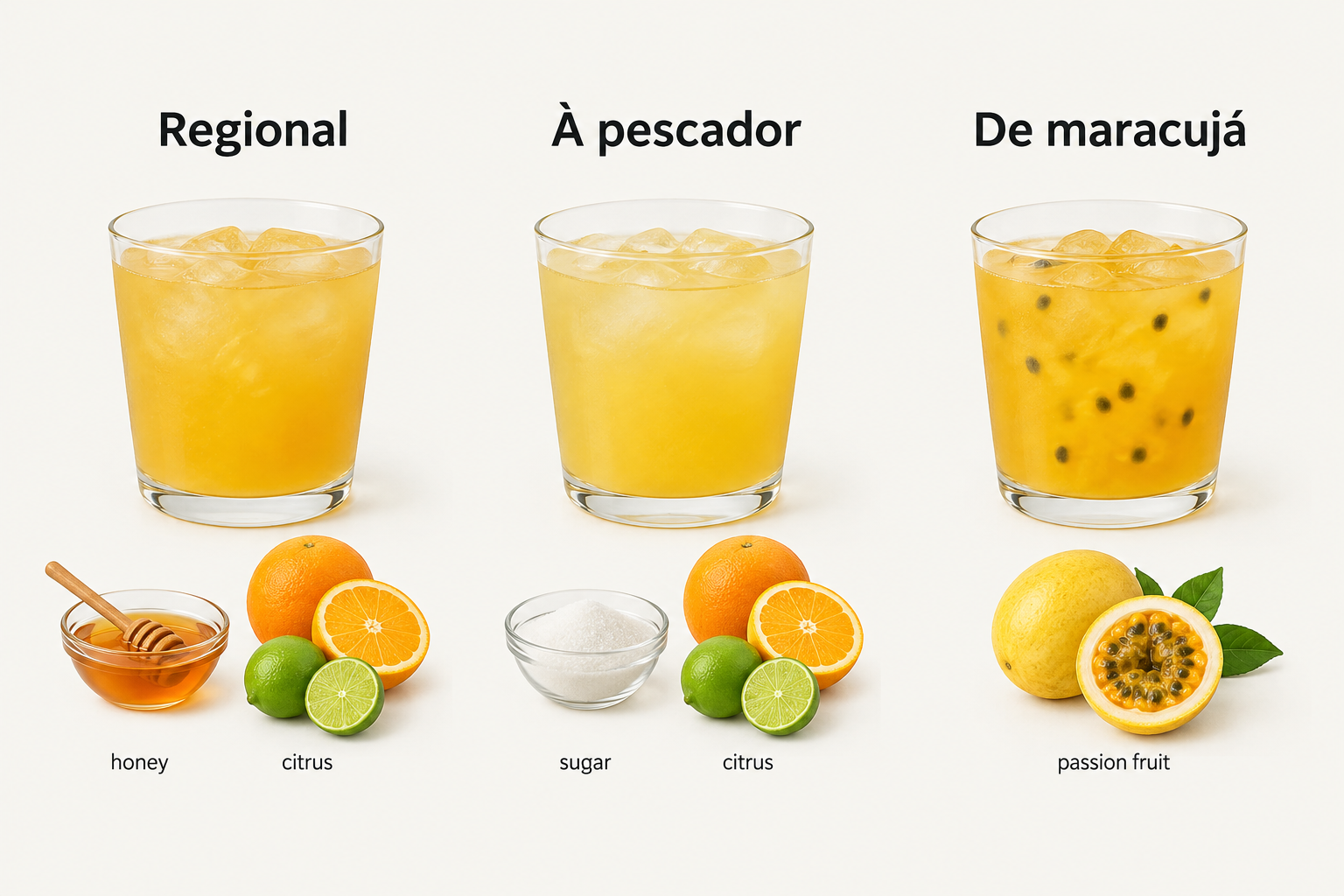 A clean, labeled comparison of regional poncha with honey and citrus, pescador poncha with sugar and citrus, and passion fruit poncha with passion fruit; the graphic does not imply differences in alcohol strength.